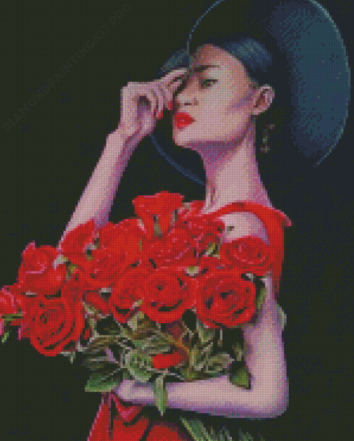 Woman And Red Roses Diamond Paintings