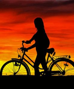 Girl With Bike Silhouette At Beautiful Sunset Diamond Paintings