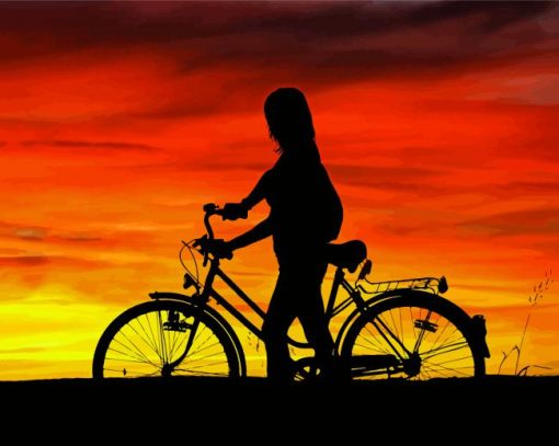 Girl With Bike Silhouette At Beautiful Sunset Diamond Paintings