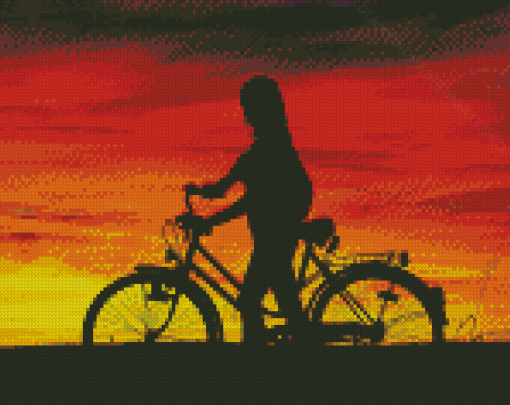 Girl With Bike Silhouette At Beautiful Sunset Diamond Paintings