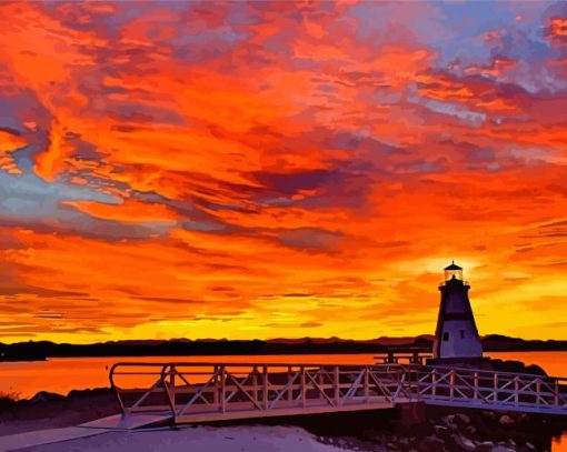 Lighthouse Sunset By The Lake Diamond Paintings