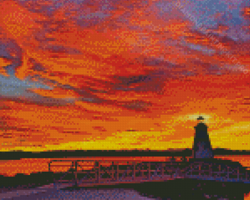 Lighthouse Sunset By The Lake Diamond Paintings