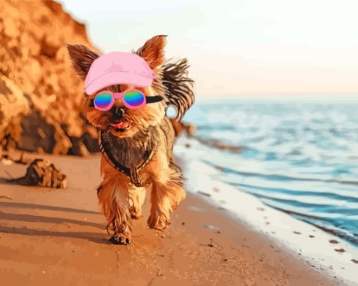 Puppy With Summer Hat In Beach Diamond Paintings