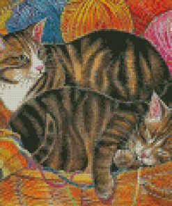 Cat And Kitten With Yarn Basket Diamond Paintings