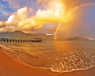 Hanalei Bay Hawaii Sunset And Rainbow Diamond Paintings