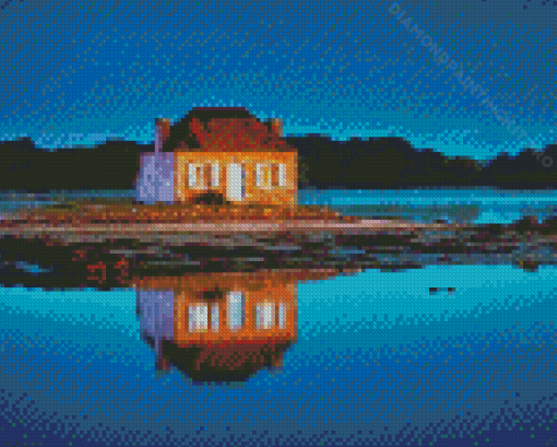 Isolated House Reflection At Night Diamond Paintings