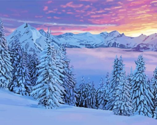 Snow Covered Trees At Sunset Diamond Paintings