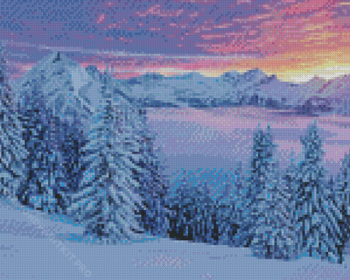 Snow Covered Trees At Sunset Diamond Paintings