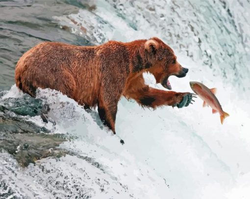 Bear Fishing In Waterfall Diamond Paintings