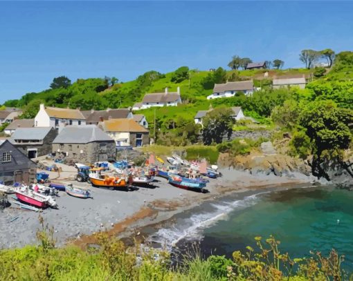 Boats At Beach In Cadgwith Town Diamond Painting