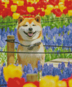 Happy Shiba In Flower Field Diamond Painting