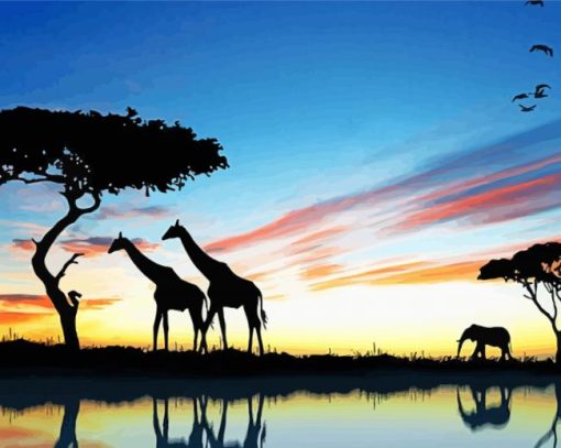 Elephant And Giraffes Lake Reflection Silhouette Diamond Painting