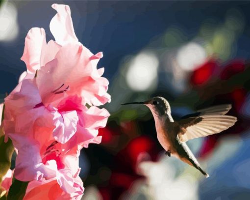 Pink Gladiola And Hummingbird Diamond Painting