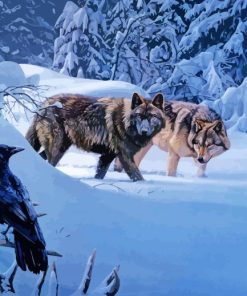 Wolves and Raven In Snow Diamond Painting