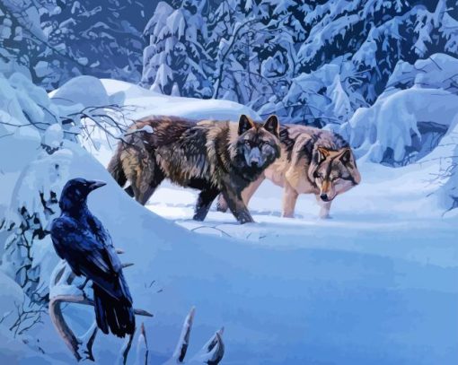 Wolves and Raven In Snow Diamond Painting