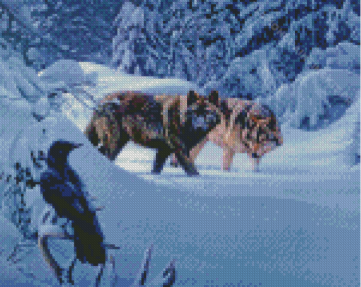 Wolves and Raven In Snow Diamond Painting