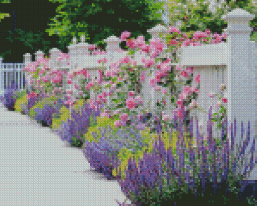 White Fence And Pink Flowers Diamond Painting