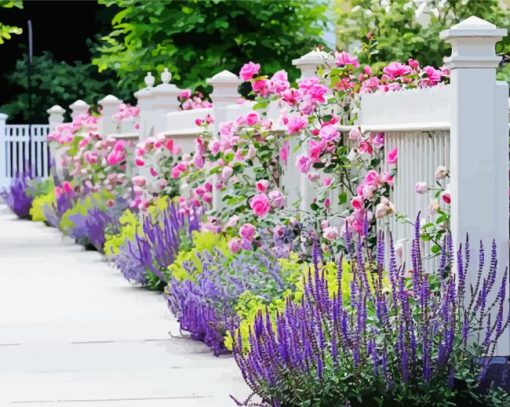 White Fence And Pink Flowers Diamond Painting