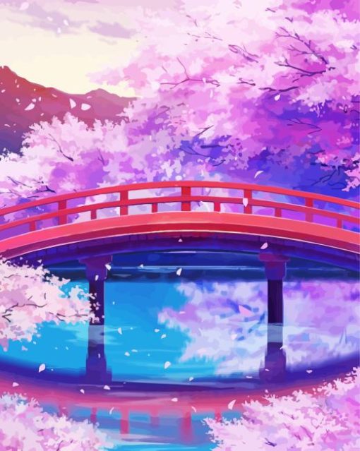 Anime Cherry Blossom and Bridge Diamond Painting
