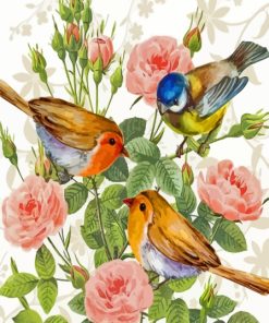 Blue Tit With Robin And Roses Diamond Painting