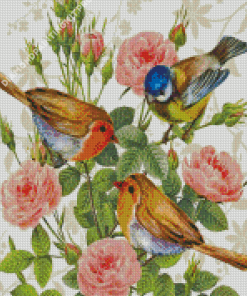 Blue Tit With Robin And Roses Diamond Painting