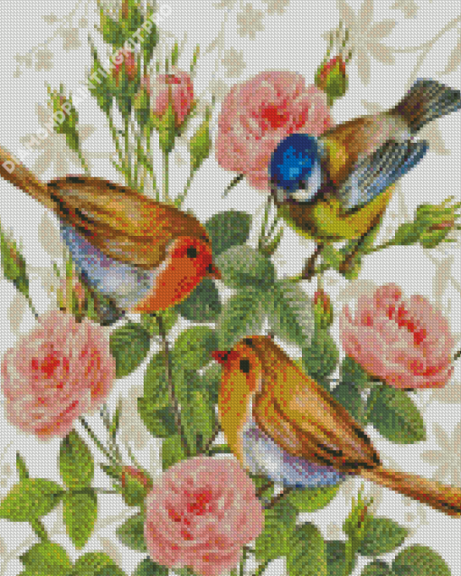 Blue Tit With Robin And Roses Diamond Painting