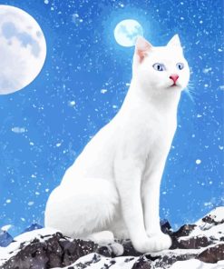 Little White Cat And Moon Diamond Painting