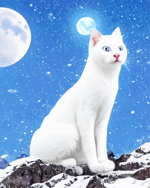 Little White Cat And Moon Diamond Painting