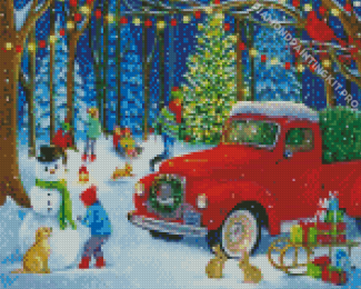 Merry Christmas With Red Truck Diamond Painting