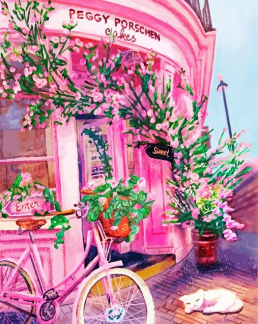 Pink Bicycle At The Flower Shop Diamond Painting