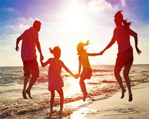 Family Jumping On Beach Diamond Painting