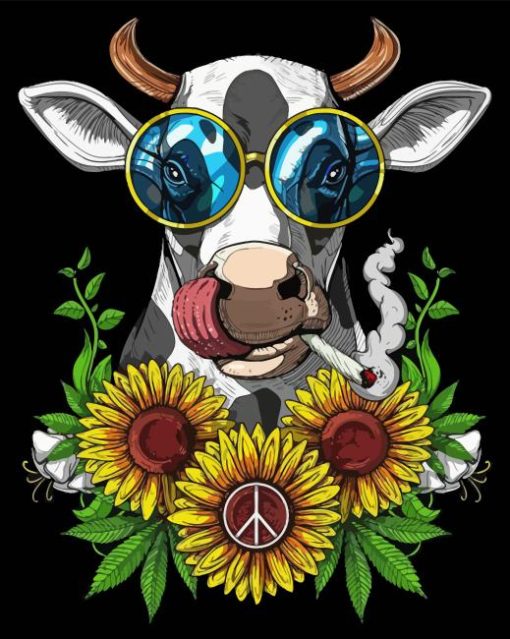 Hippie Cow With Sunflowers Diamond Painting