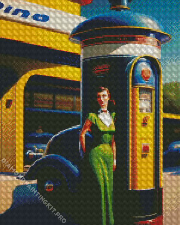Lady In Green At Filling Station Diamond Painting
