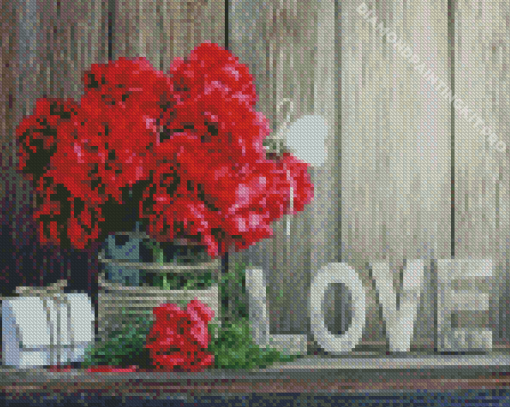 Red Peonies With Love Sign Diamond Painting