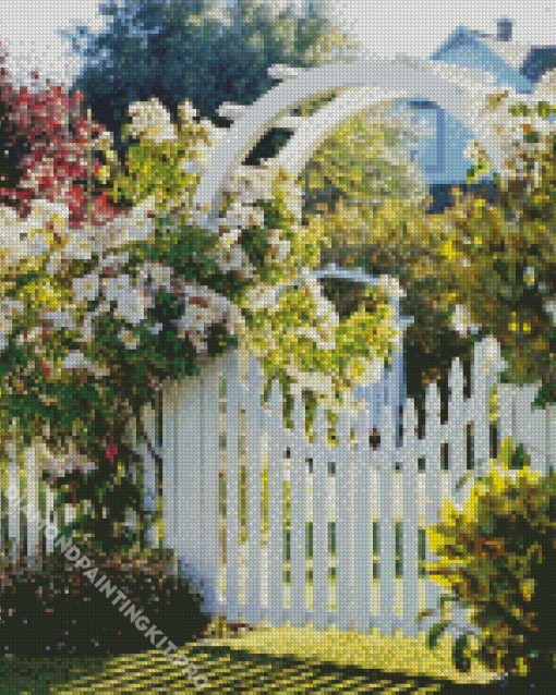 White Garden Gate Flowers Diamond Painting