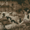 Black and White Girl with Geese Diamond Painting