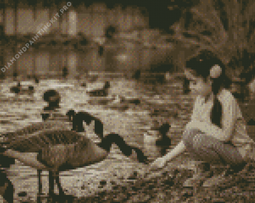 Black and White Girl with Geese Diamond Painting