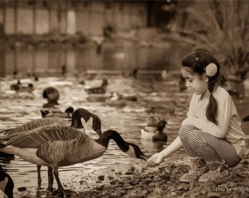 Black and White Girl with Geese Diamond Painting