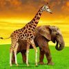 Elephant and Giraffe at Sunset Diamond Painting