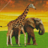 Elephant and Giraffe at Sunset Diamond Painting