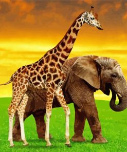 Elephant and Giraffe at Sunset Diamond Painting