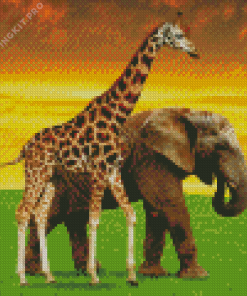 Elephant and Giraffe at Sunset Diamond Painting