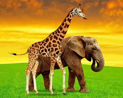 Elephant and Giraffe at Sunset Diamond Painting