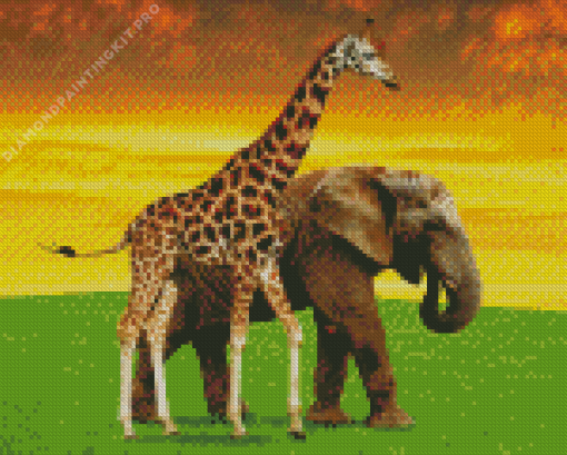 Elephant and Giraffe at Sunset Diamond Painting