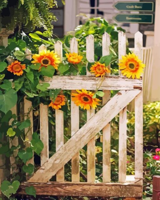 Garden Gate Sunflowers Diamond Painting