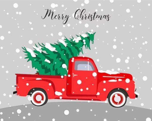 Illustration Christmas With Red Truck Diamond Painting