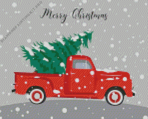 Illustration Christmas With Red Truck Diamond Painting