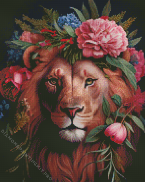 Lion in Flowers Diamond Painting