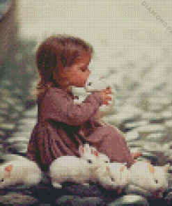 Little Girl With White Rabbits Diamond Painting