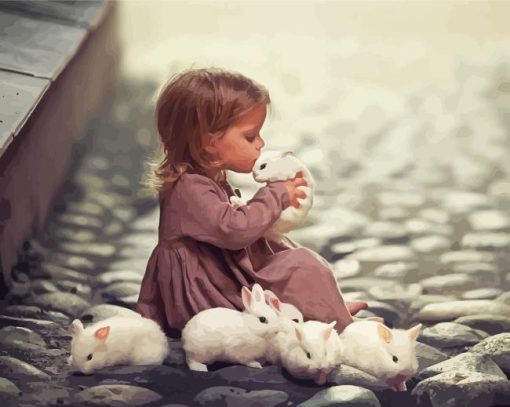 Little Girl With White Rabbits Diamond Painting